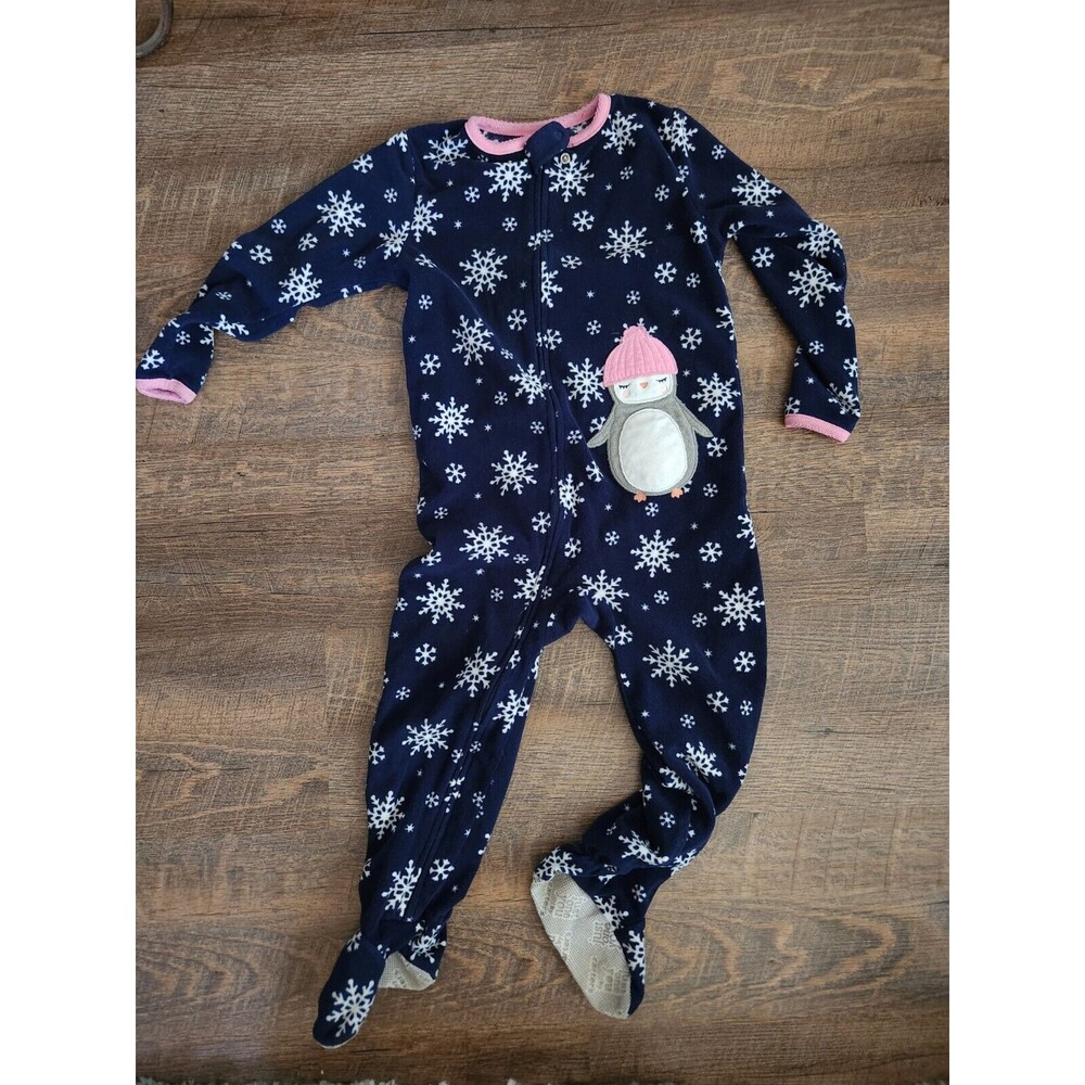 Carters 4T Girls One Piece Footed Pjs - Blue Snowflake & Penguin